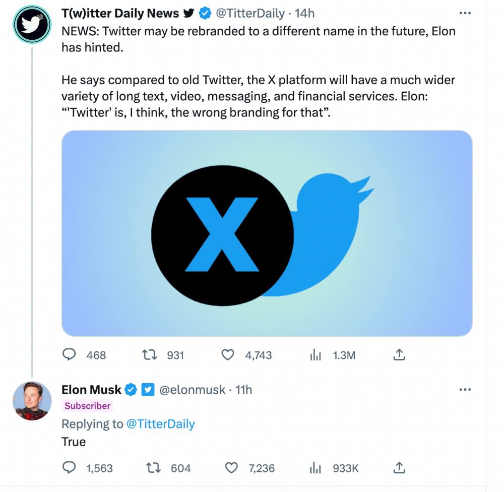 Илон Маск хочет сделать ребрендинг Twitter на "Х". 